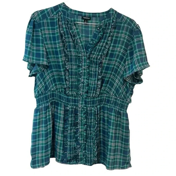 Torrid size 1 (14) sheer plaid blouse, ruffles, buttons and an elastic waist EUC - Picture 6 of 12